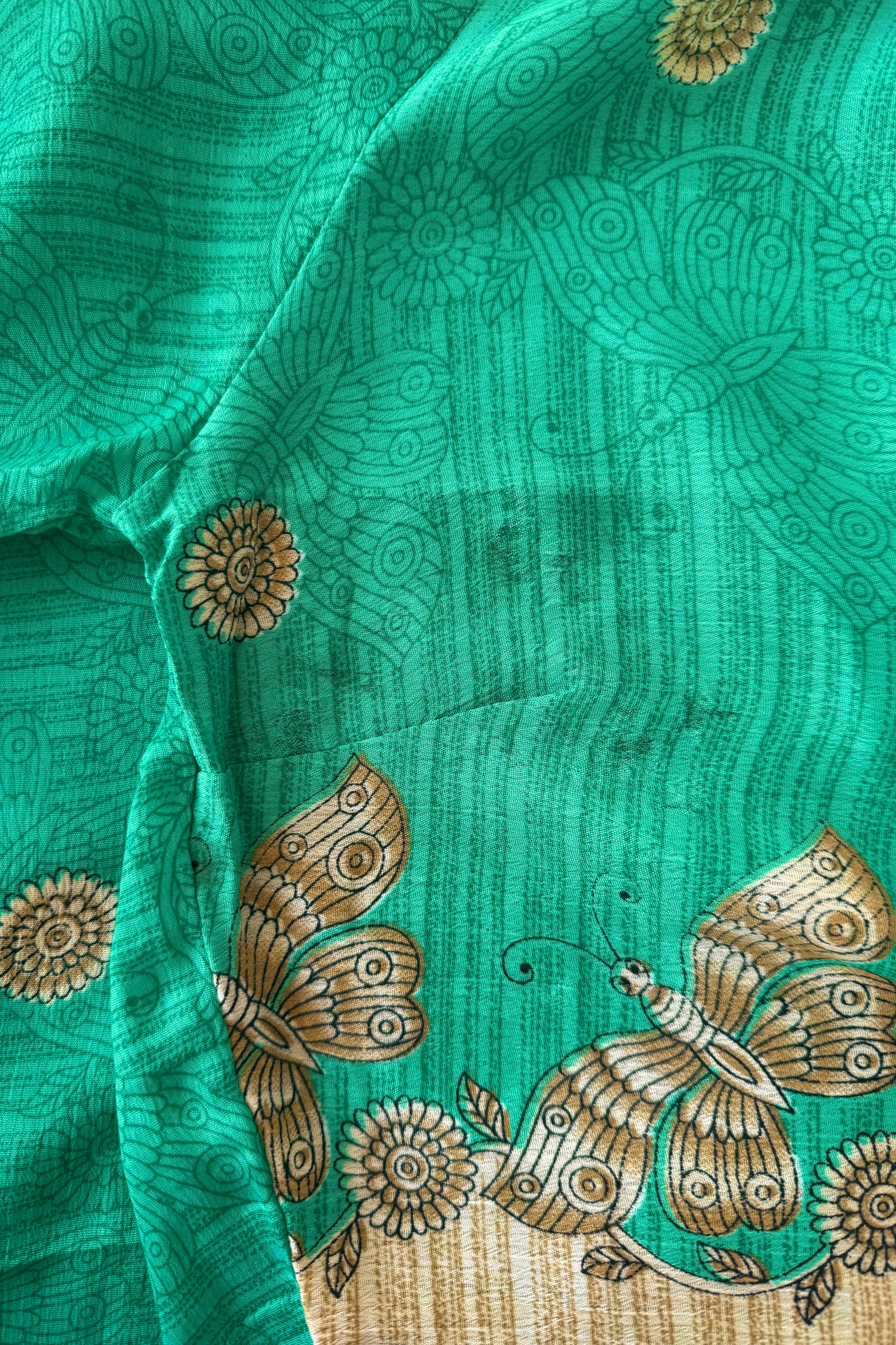 Venus Recycled Sari Wrap Top in Green Garden Butterflies - Size M/L
