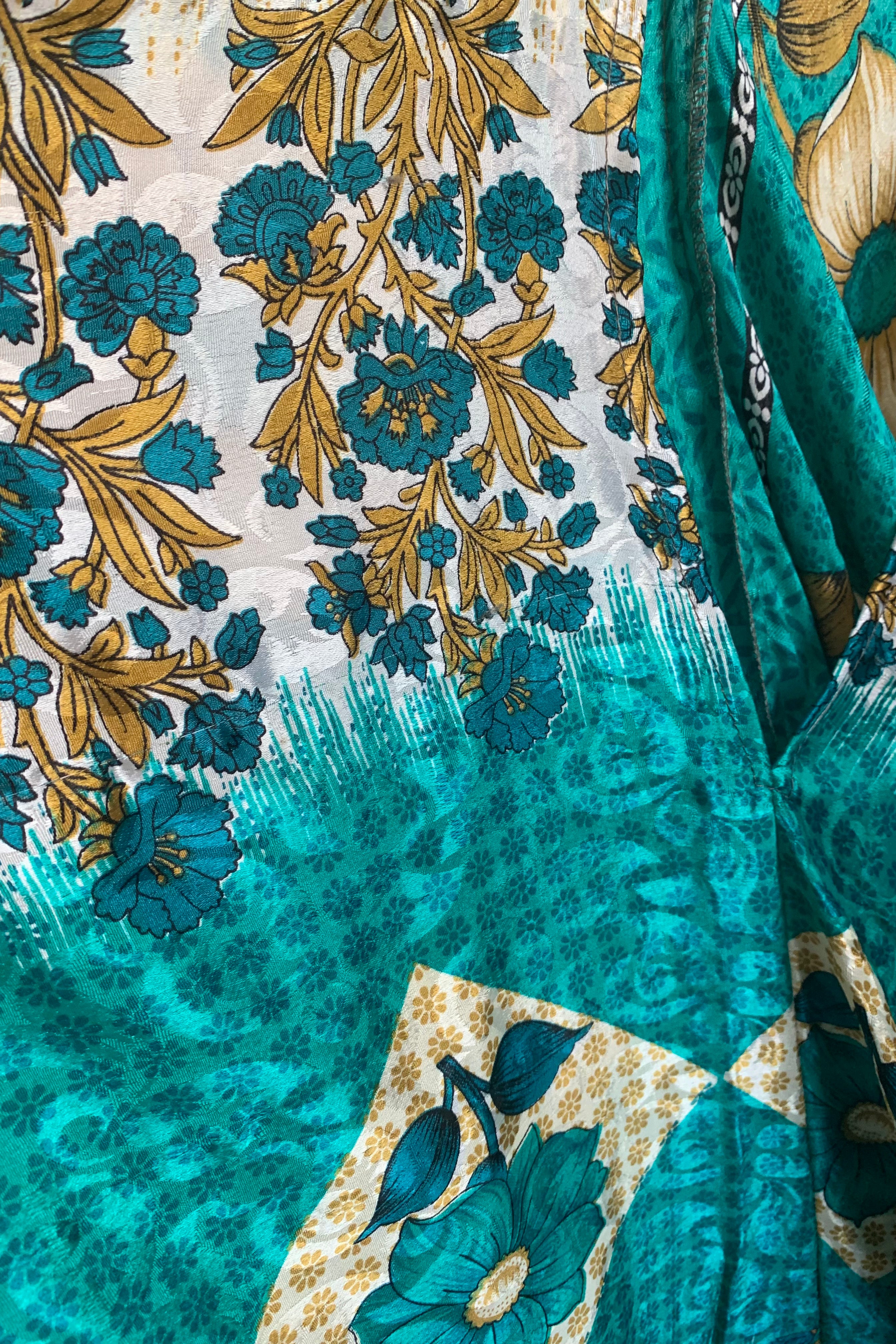 Athena Maxi Dress - Vintage Sari - Mottled Teal & Tan Wildflower - M to L/XL