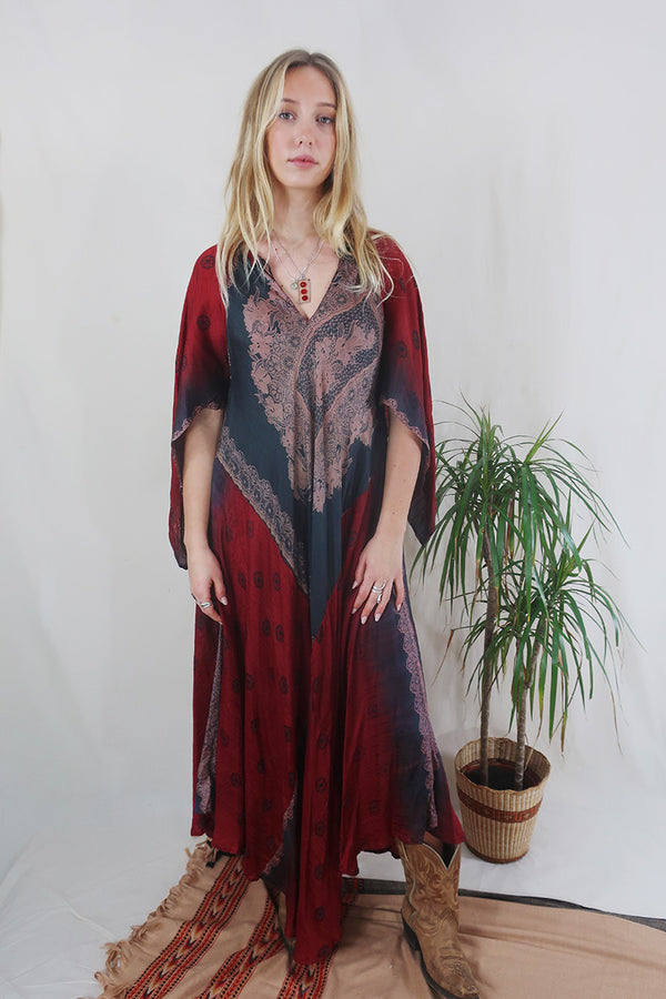 Goddess Dress - Ruby Blush & Onyx - Vintage Pure Silk - Free Size by All About Audrey