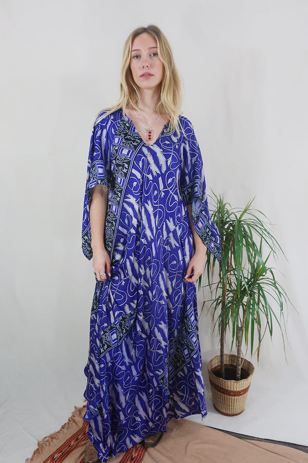 Goddess Dress - Royal Purple Abstract - Vintage Pure Silk - Free Size by All About Audrey