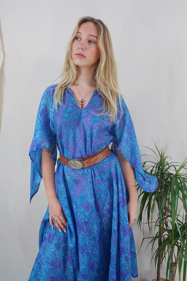 Goddess Dress - Cerulean Blue Paisley - Vintage Pure Silk - Free Size by All About Audrey