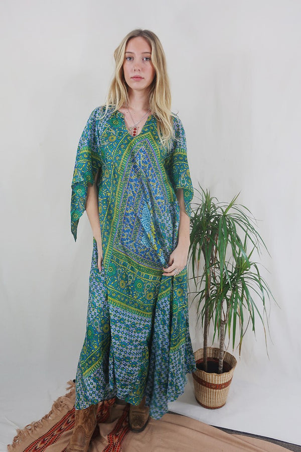 Goddess Dress - Indian Tile Motif - Vintage Pure Silk - Free Size by All About Audrey