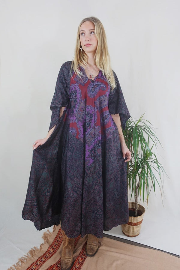 Goddess Dress - Iron & Berry Paisley - Vintage Pure Silk - Free Size by All About Audrey