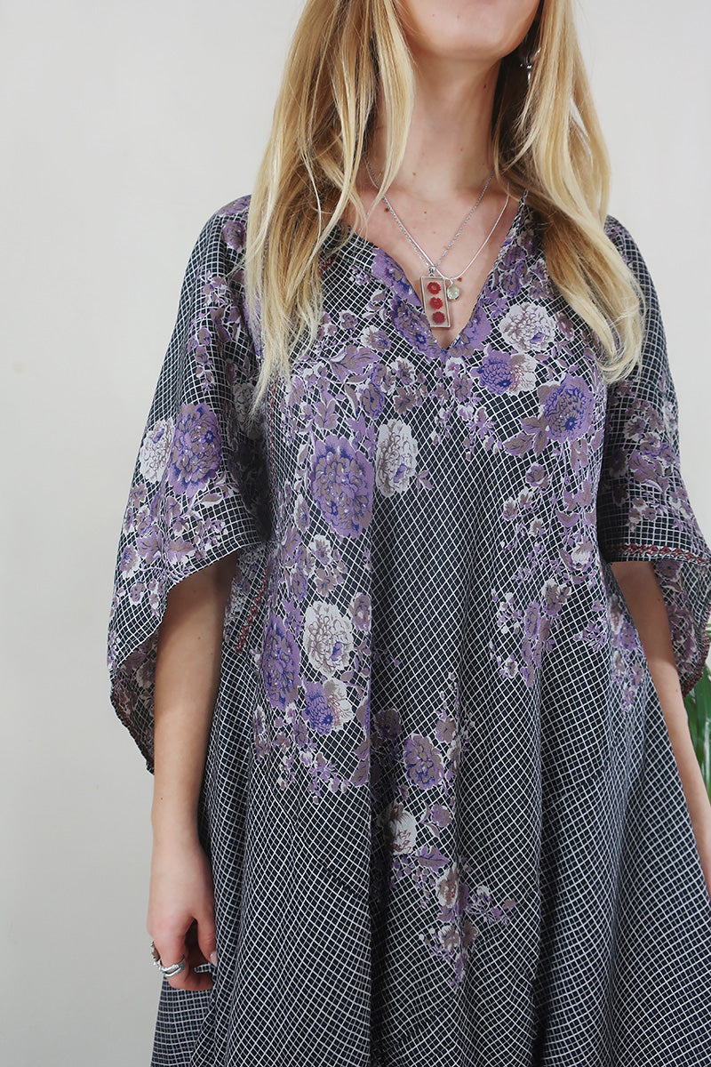 Goddess Dress - Jet & Lavender - Vintage Pure Silk - Free Size by All About Audrey