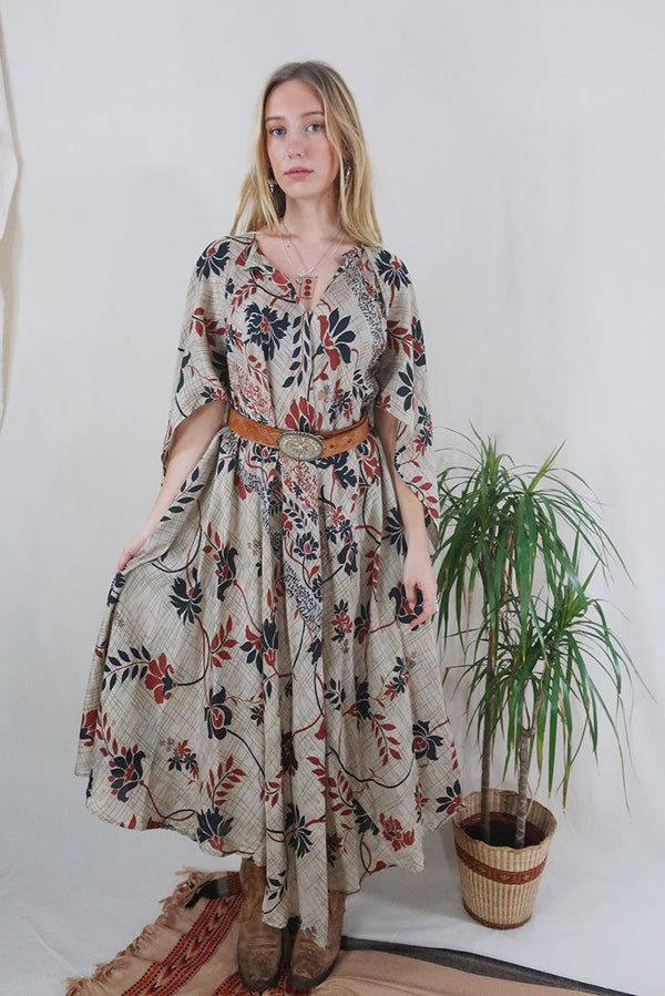 Goddess Dress - Sand, Russet & Jet Floral - Vintage Pure Silk - Free Size by All About Audrey