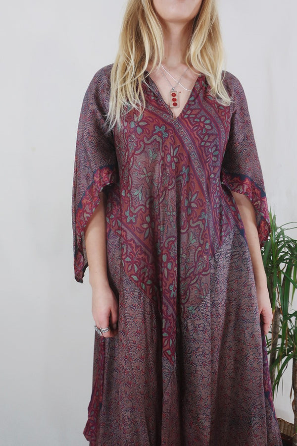 Goddess Dress - Burgundy & Brass Floral - Vintage Pure Silk - Free Size by All About Audrey