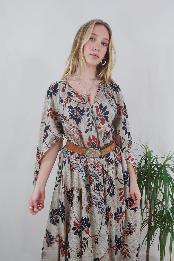 Goddess Dress - Sand, Russet & Jet Floral - Vintage Pure Silk - Free Size by All About Audrey