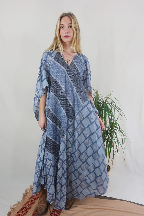 Goddess Dress - Smoke Grey Tile Motif - Vintage Pure Silk - Free Size by All About Audrey
