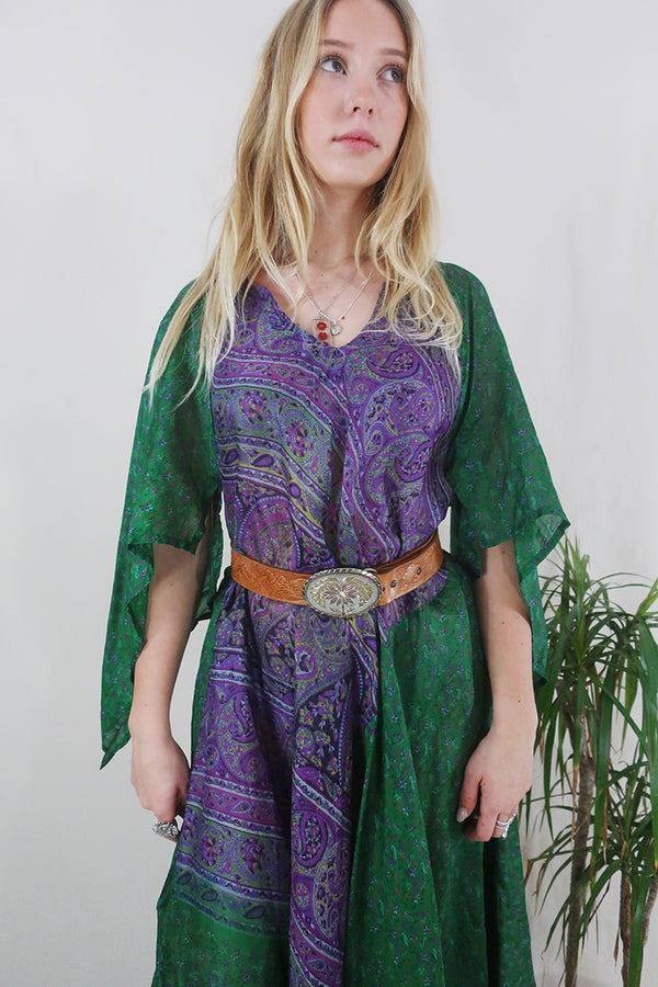 Goddess Dress - Emerald & Amethyst - Vintage Pure Silk - Free Size by All About Audrey