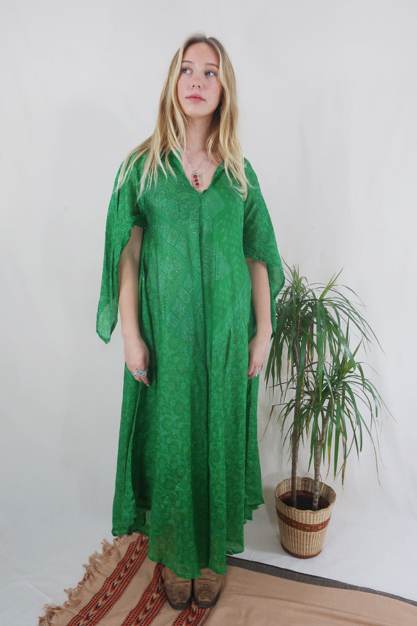 Goddess Dress - Emerald Indian Floral - Vintage Indian Sari Silk Mix - Free Size by All About Audrey