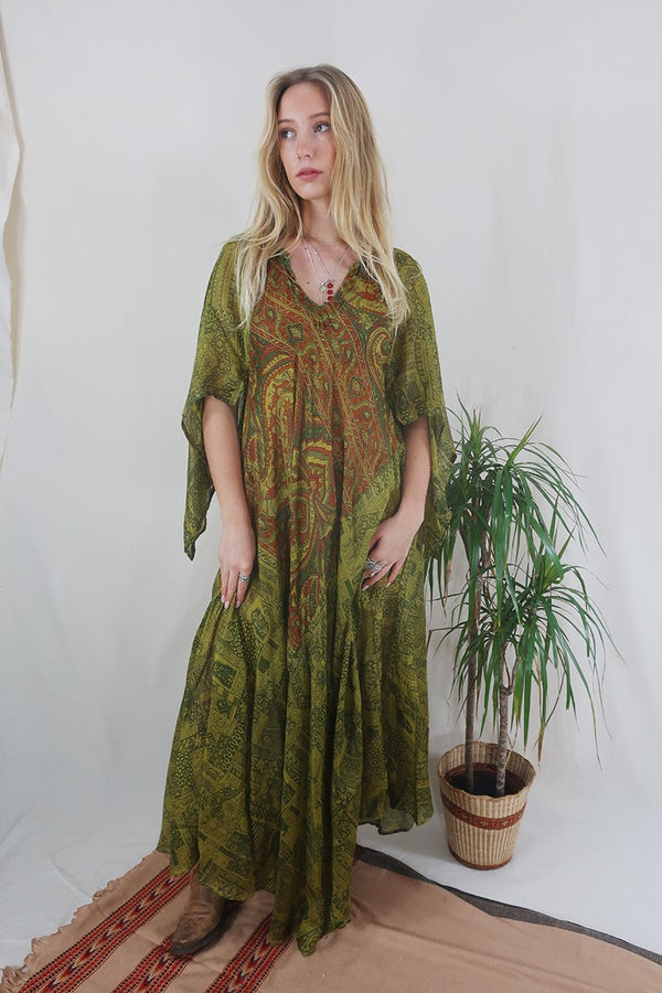 Goddess Dress - Forest & Chartreuse - Vintage Pure Silk - Free Size by All About Audrey