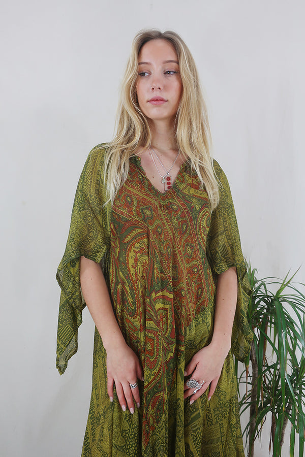 Goddess Dress - Forest & Chartreuse - Vintage Pure Silk - Free Size by All About Audrey