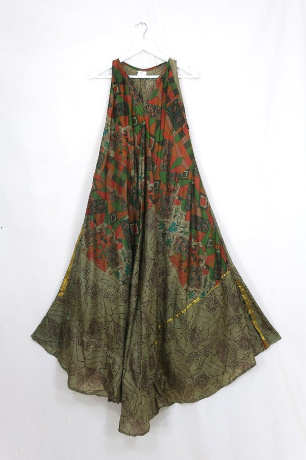 Siren Maxi Dress - Olive and Nutmeg Mosaic Garden- Vintage Indian Silk - L