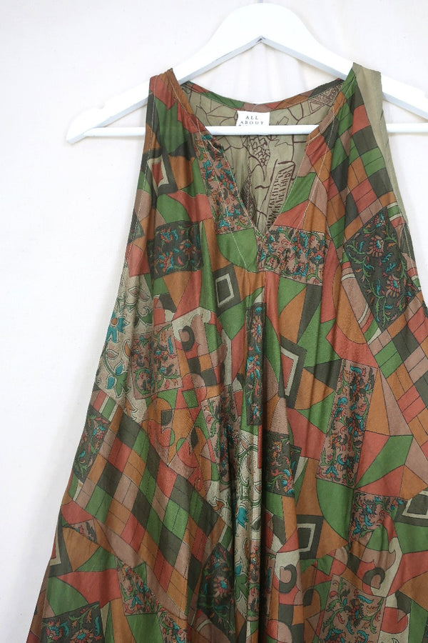 Siren Maxi Dress - Olive and Nutmeg Mosaic Garden- Vintage Indian Silk - L