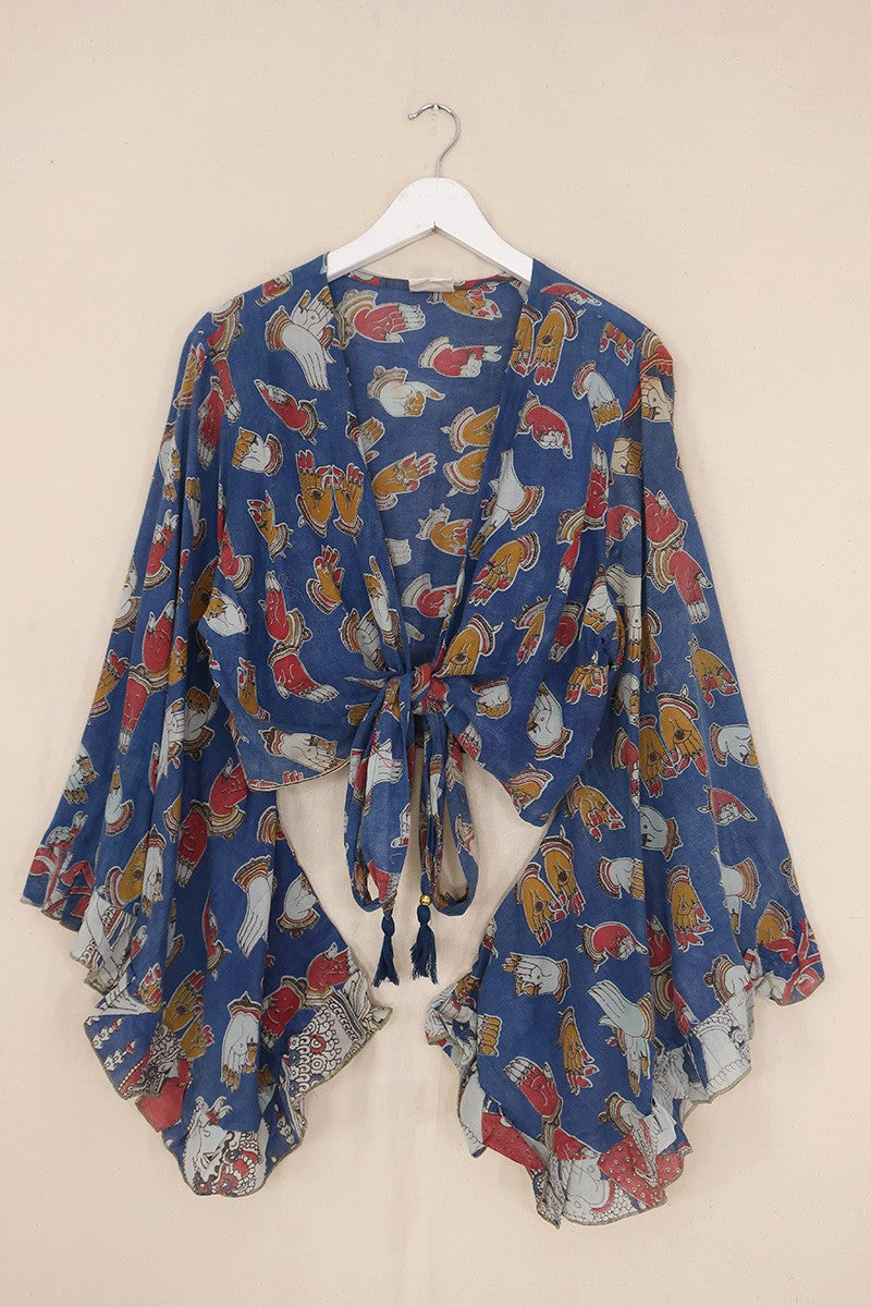 Venus Vintage Cotton Wrap Top - Organic Blue Hand Habits - Size XXL