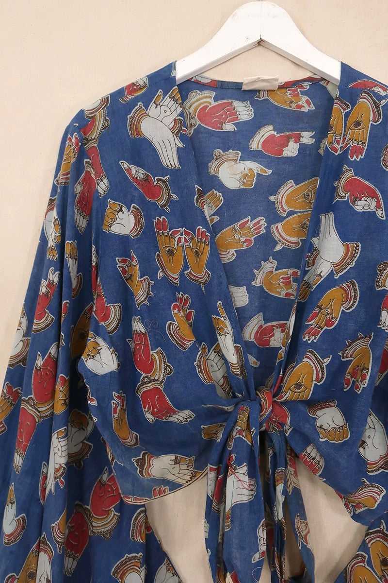 Venus Vintage Cotton Wrap Top - Organic Blue Hand Habits - Size XXL