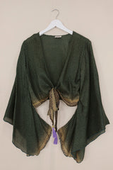 Gemini Pure Silk Wrap Top - Twilight Jade Green Garden - Size M/L