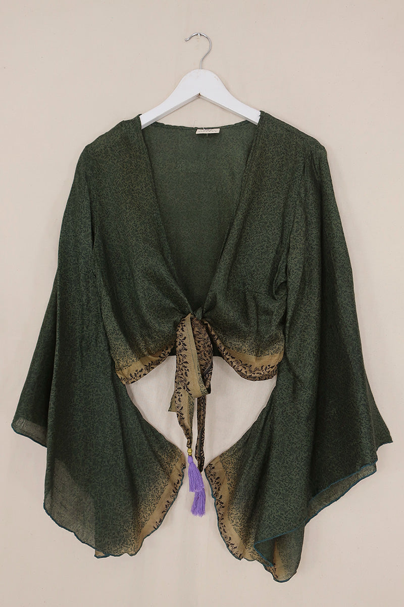 Gemini Pure Silk Wrap Top - Twilight Jade Green Garden - Size M/L