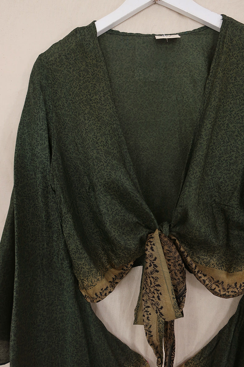 Gemini Pure Silk Wrap Top - Twilight Jade Green Garden - Size M/L