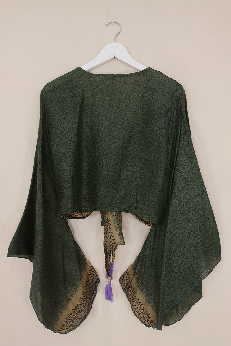 Gemini Pure Silk Wrap Top - Twilight Jade Green Garden - Size M/L