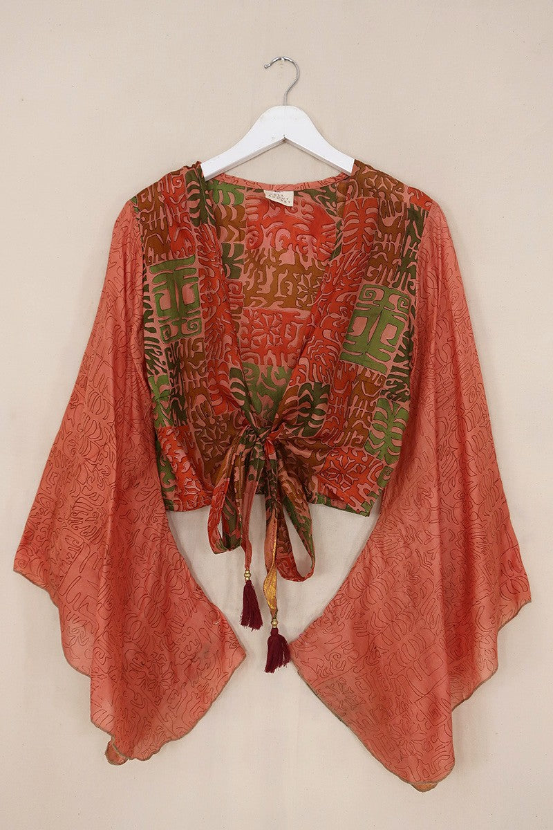 Gemini Pure Silk Wrap Top - Peachy Pink Block Print - Size M/L