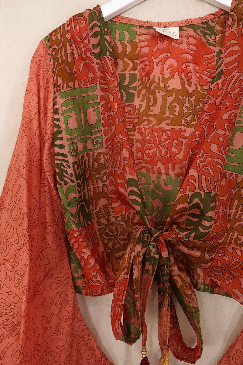 Gemini Pure Silk Wrap Top - Peachy Pink Block Print - Size M/L