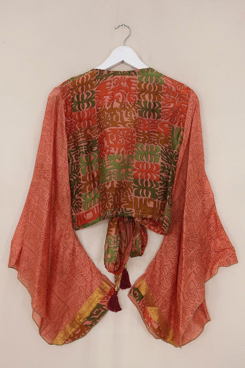 Gemini Pure Silk Wrap Top - Peachy Pink Block Print - Size M/L