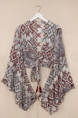 Venus Vintage Cotton Wrap Top - White with Muted Diamonds - Size S/M