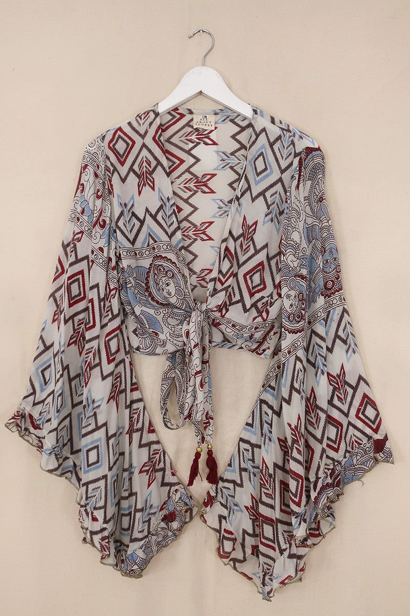 Venus Vintage Cotton Wrap Top - White with Muted Diamonds - Size S/M