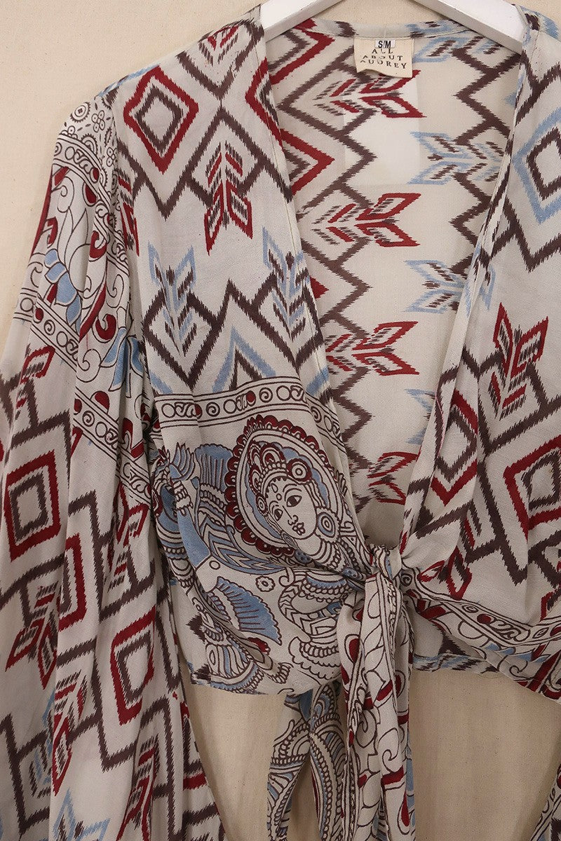 Venus Vintage Cotton Wrap Top - White with Muted Diamonds - Size S/M