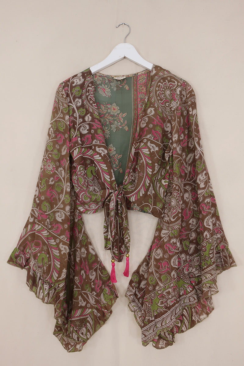 Venus Vintage Cotton Wrap Top - Mocha, Jade & Pink Floral - Size S/M