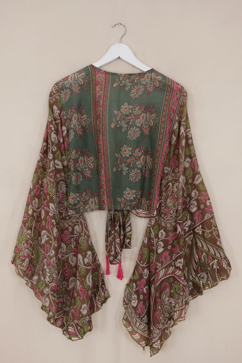 Venus Vintage Cotton Wrap Top - Mocha, Jade & Pink Floral - Size S/M