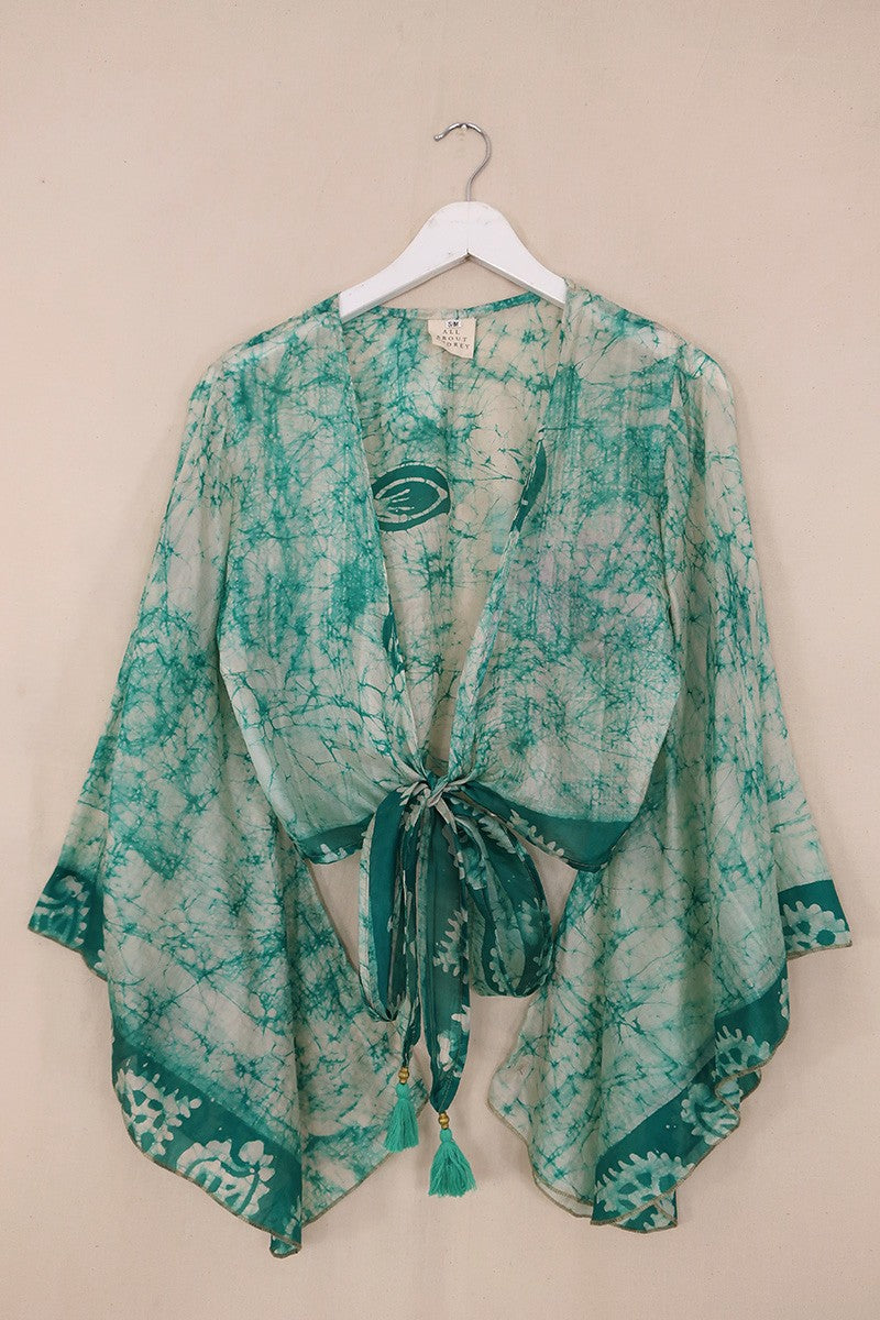 Gemini Pure Silk Wrap Top - Aqua Blue Batik - Size S/M