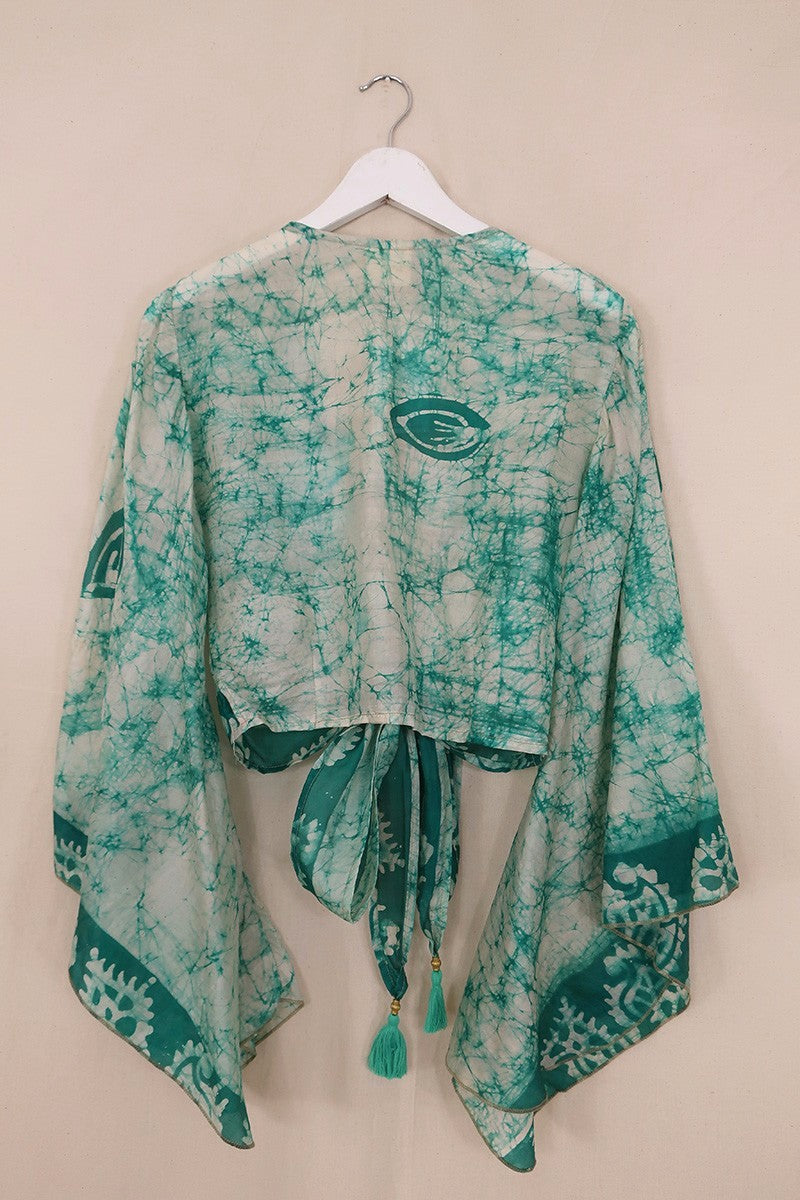 Gemini Pure Silk Wrap Top - Aqua Blue Batik - Size S/M