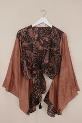 Gemini Pure Silk Wrap Top - Clay & Black Abstract - Size S/M