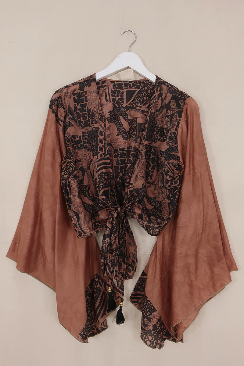 Gemini Pure Silk Wrap Top - Clay & Black Abstract - Size S/M