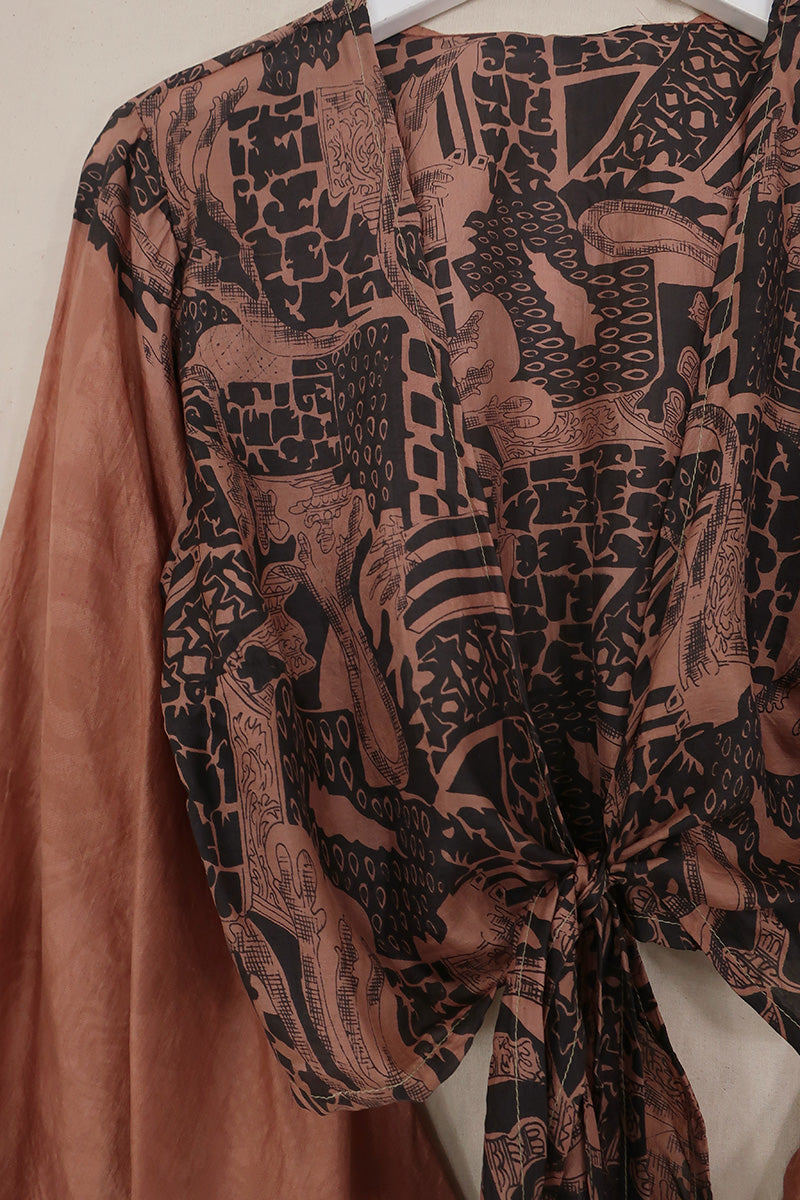 Gemini Pure Silk Wrap Top - Clay & Black Abstract - Size S/M