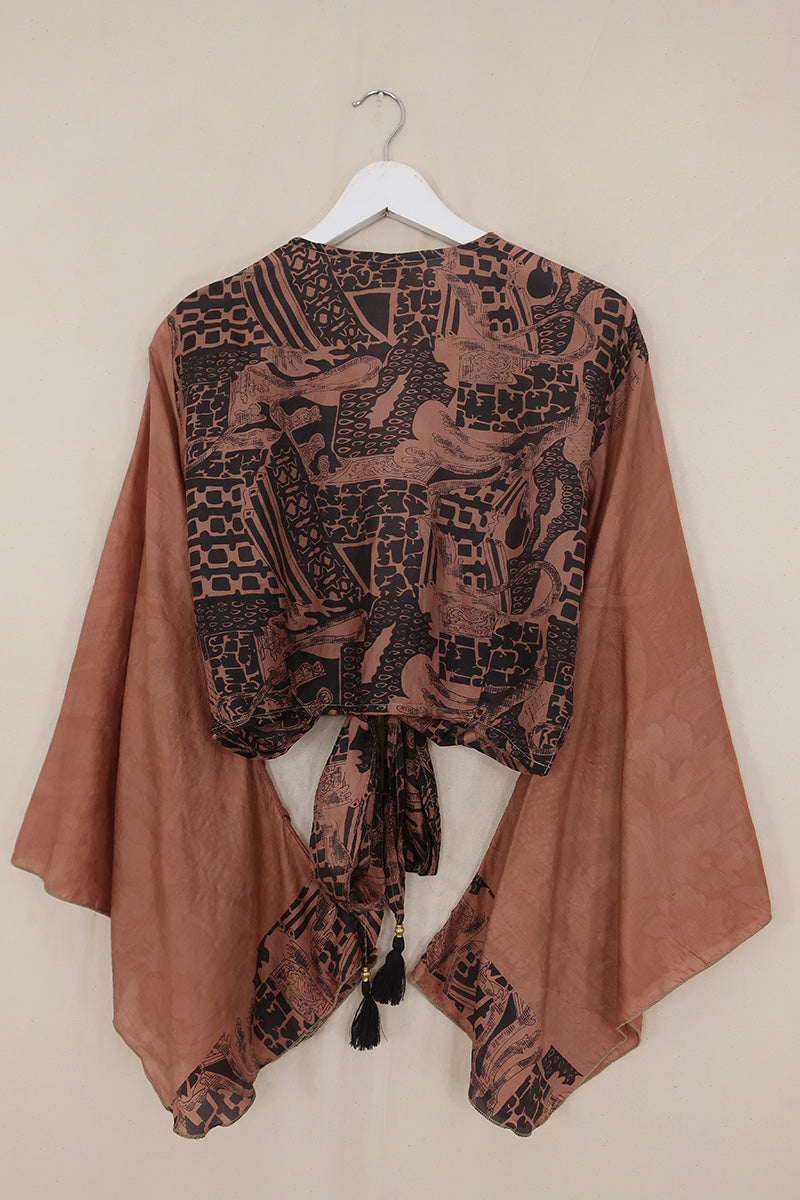 Gemini Pure Silk Wrap Top - Clay & Black Abstract - Size S/M