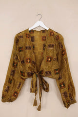 Lola Vintage Silk Wrap Top - Golden Embossed Block Print - Size S/M