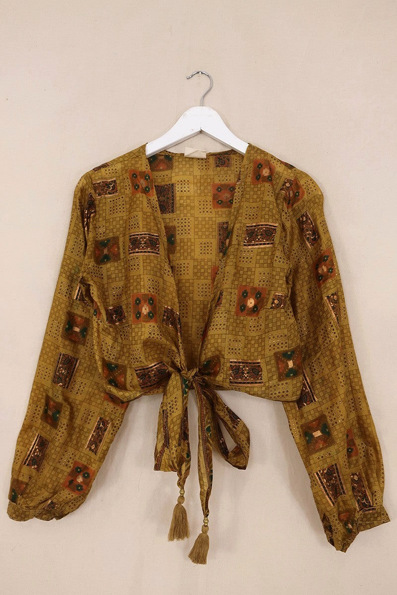 Lola Vintage Silk Wrap Top - Golden Embossed Block Print - Size S/M
