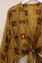 Lola Vintage Silk Wrap Top - Golden Embossed Block Print - Size S/M