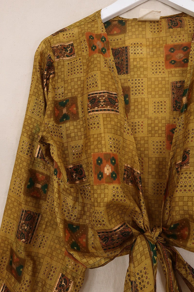 Lola Vintage Silk Wrap Top - Golden Embossed Block Print - Size S/M