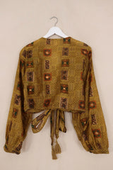 Lola Vintage Silk Wrap Top - Golden Embossed Block Print - Size S/M