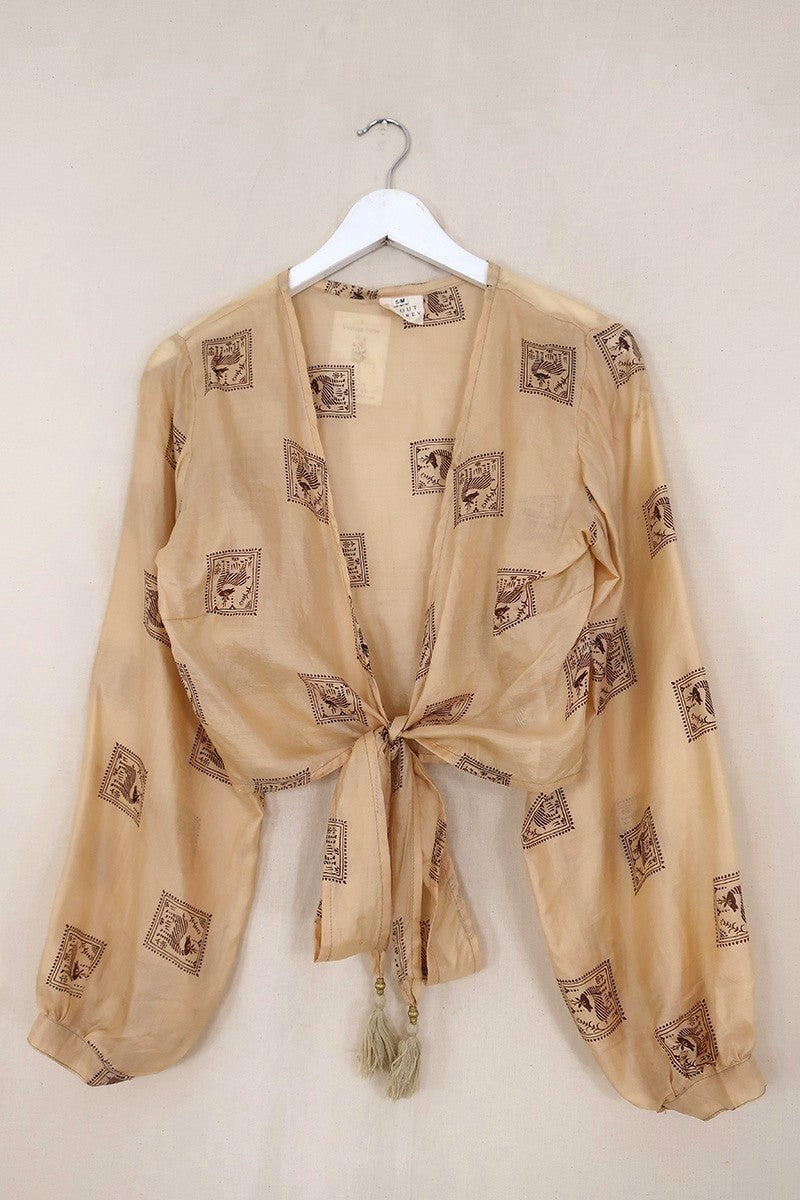 Lola Vintage Silk Wrap Top - Sand & Bronze Block Print - Size S/M