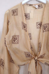 Lola Vintage Silk Wrap Top - Sand & Bronze Block Print - Size S/M