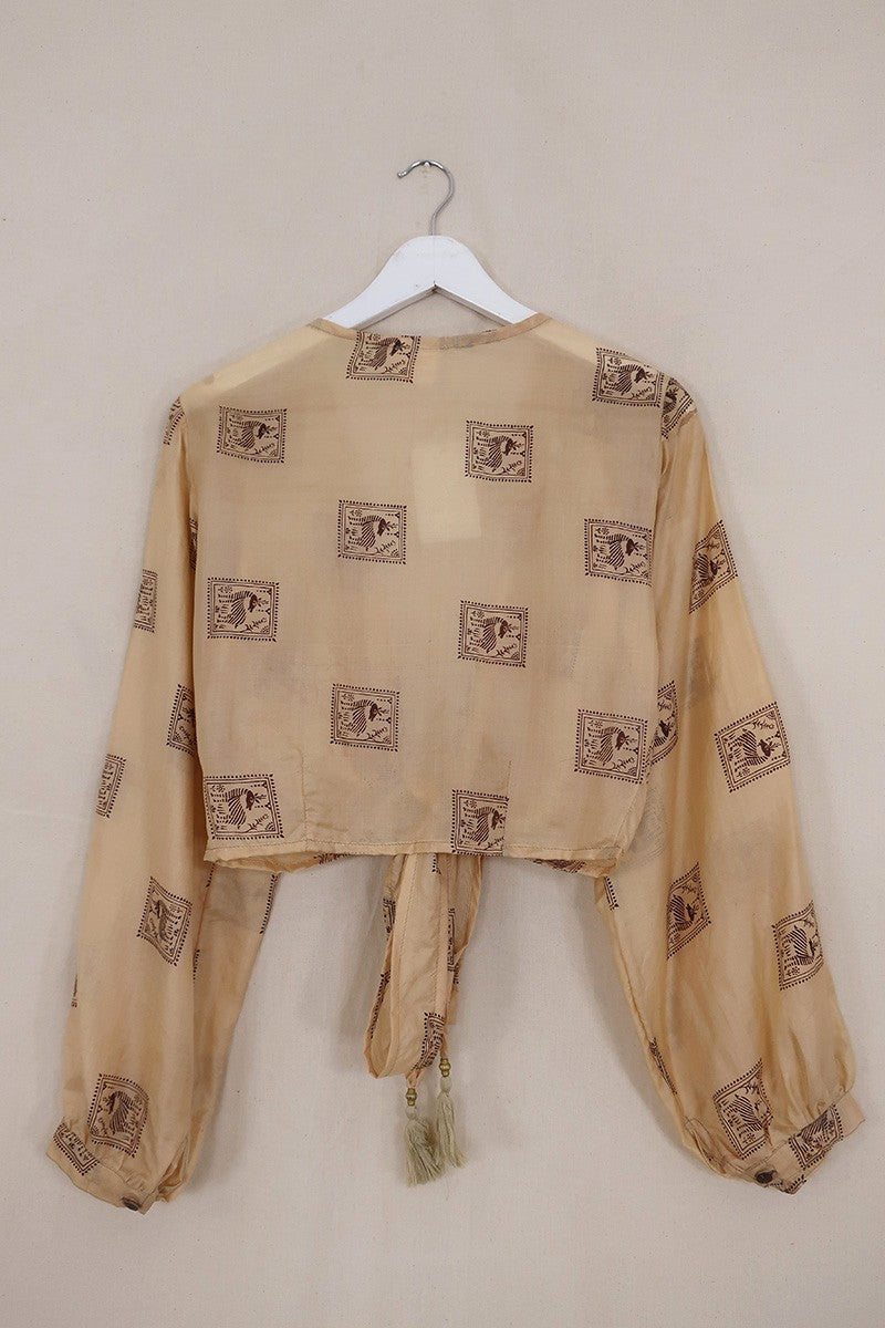 Lola Vintage Silk Wrap Top - Sand & Bronze Block Print - Size S/M