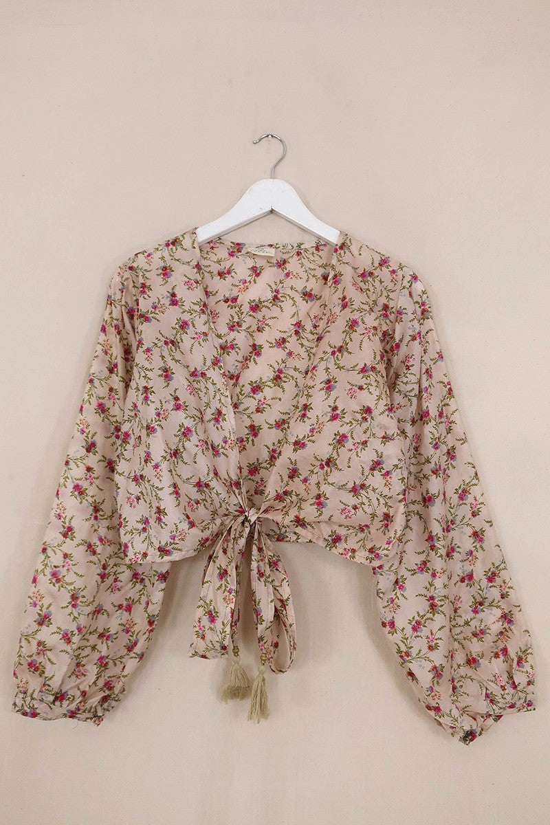 Lola Vintage Silk Wrap Top - Ivory with Bright Blossom - Size S/M