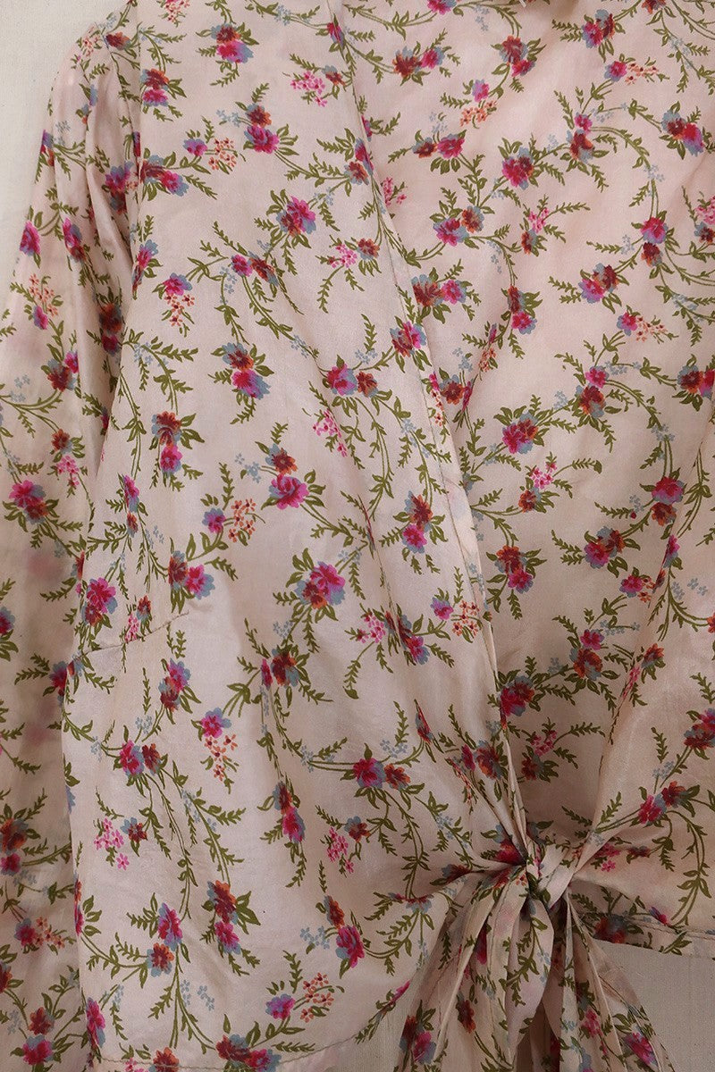 Lola Vintage Silk Wrap Top - Ivory with Bright Blossom - Size S/M