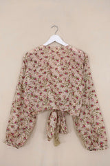 Lola Vintage Silk Wrap Top - Ivory with Bright Blossom - Size S/M