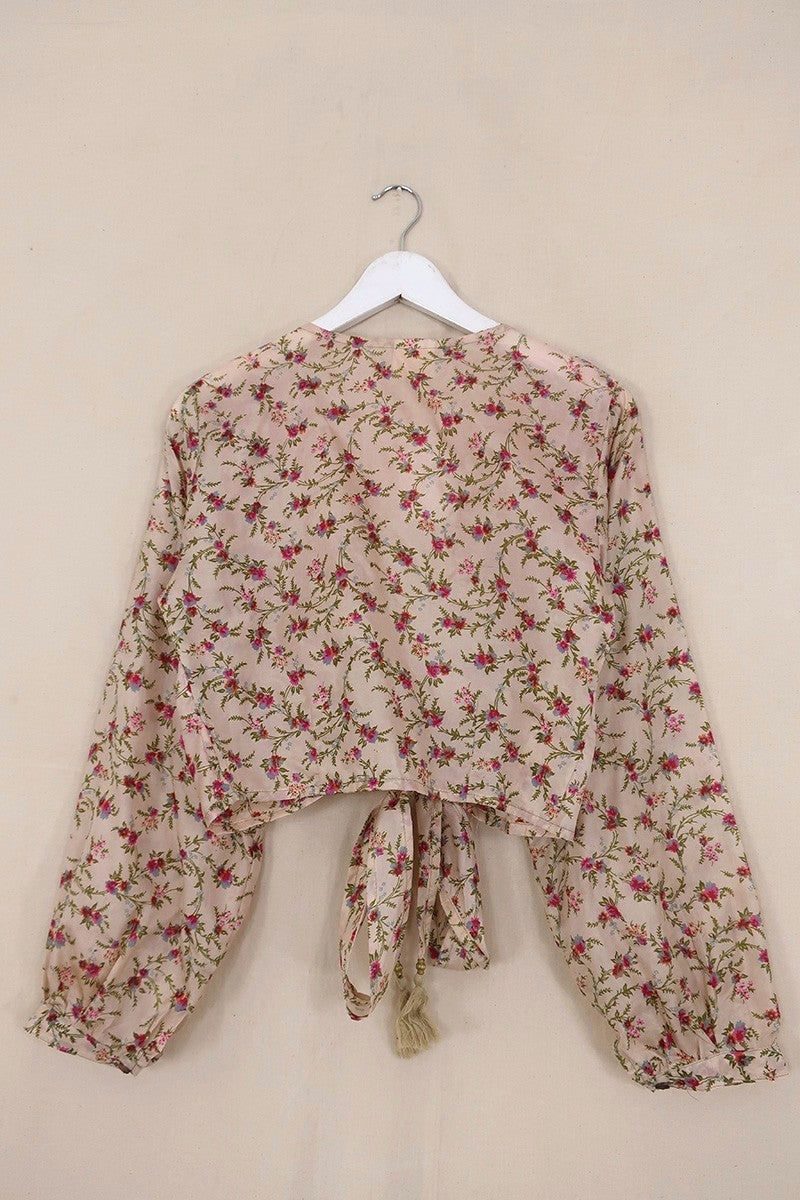 Lola Vintage Silk Wrap Top - Ivory with Bright Blossom - Size S/M
